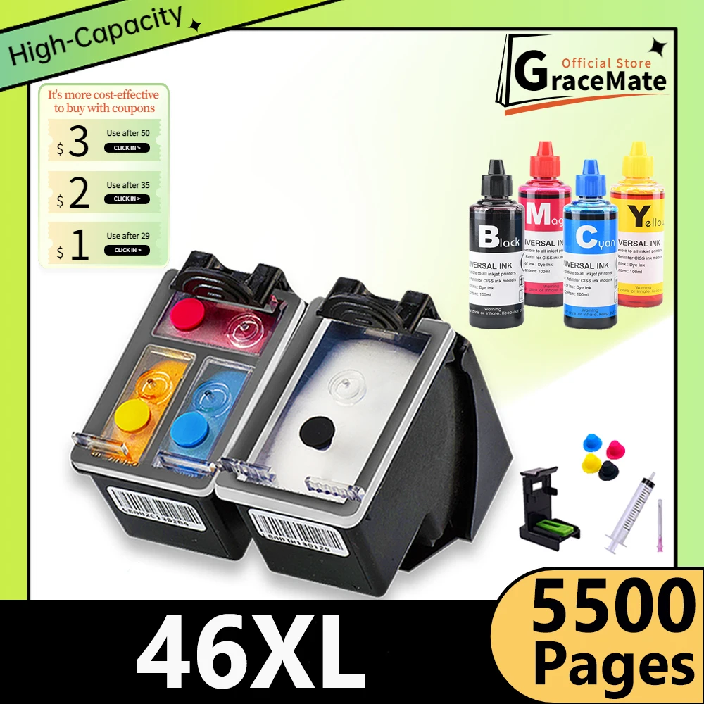 

46XL Deskjet 2029 2529 4729 2020HC 2520HC 2025HC Printer Compatible Ink Cartridge Replacement for HP Inkjet 46 XL hp46