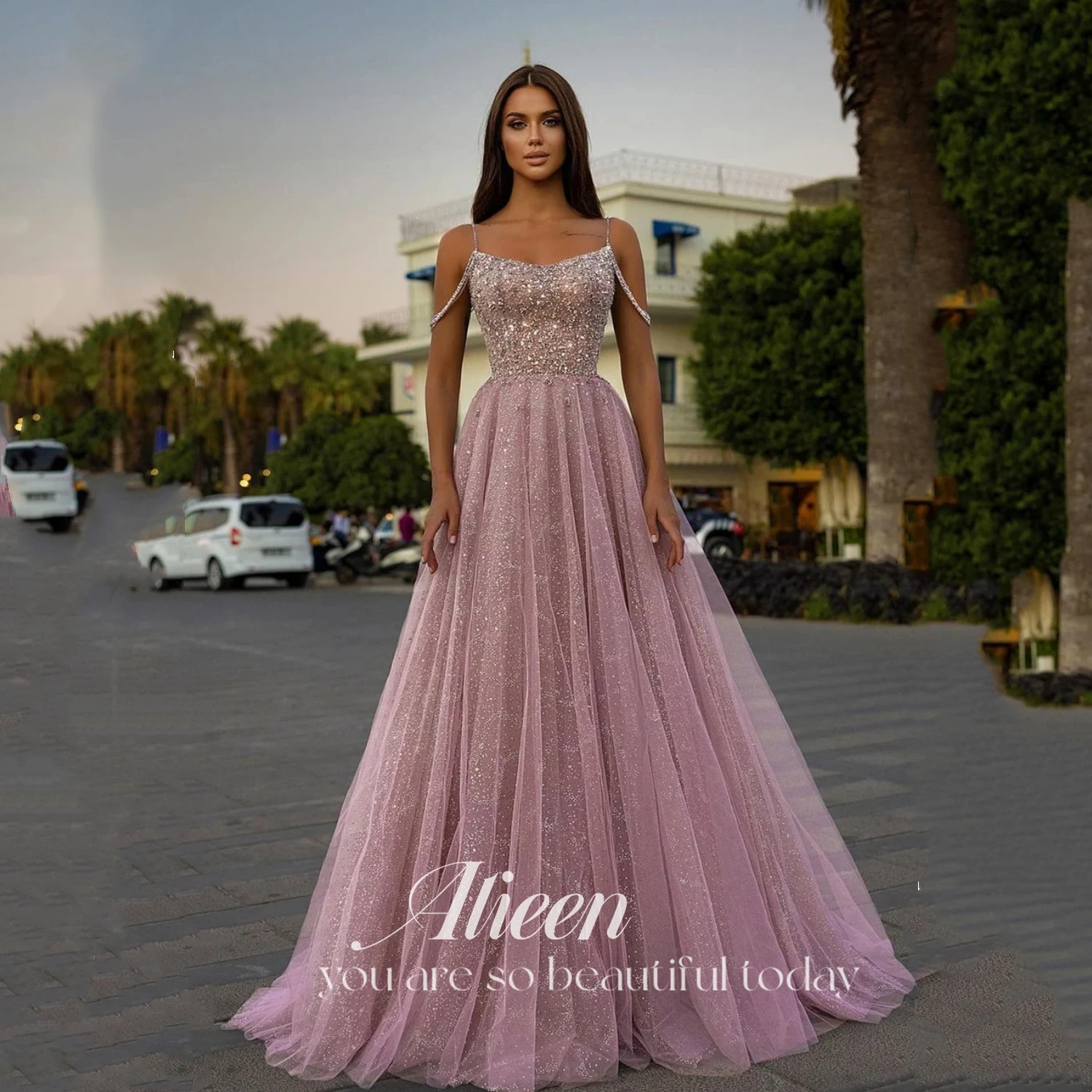 

Aileen Blush Pink Sequin Prom Dress Tulle Spaghetti Strap A Line Long Formal Evening Party Gowns For Women Floor Length Lace Up
