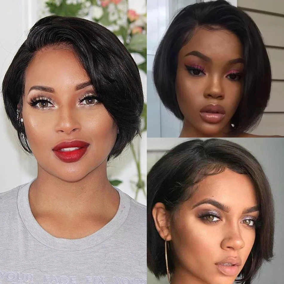Short Bob Straight Human Hair Wigs For Black Women Brazilian Straight Hair Side Part Pixie Cut Lace Wig 150% Density Remy