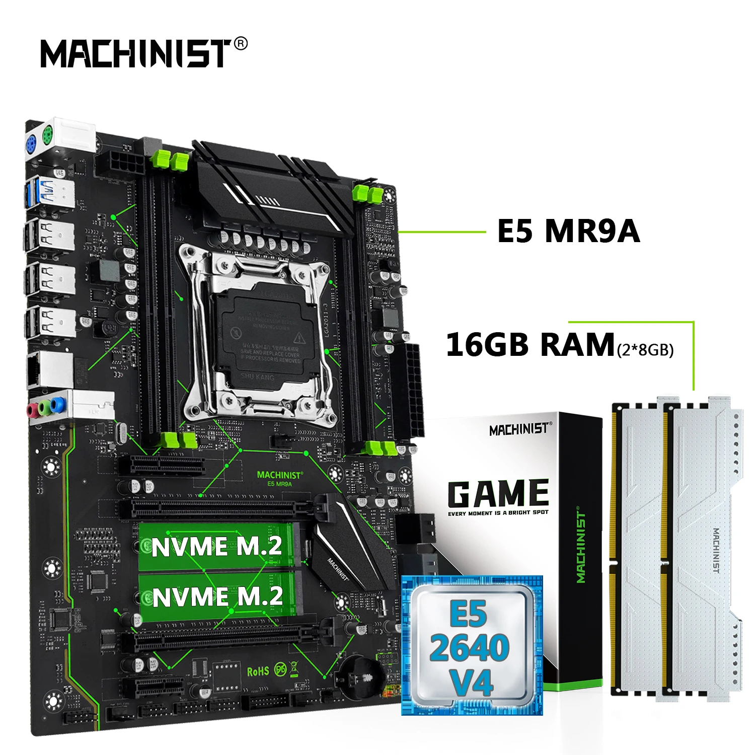 

MACHINIST X99 комплект материнской платы Xeon E5 2640 V4 ЦП LGA 2011-3 DDR4 2*8 ГБ ОЗУ 2133 МГц USB 3,0 NVME M.2 четыре канала MR9A