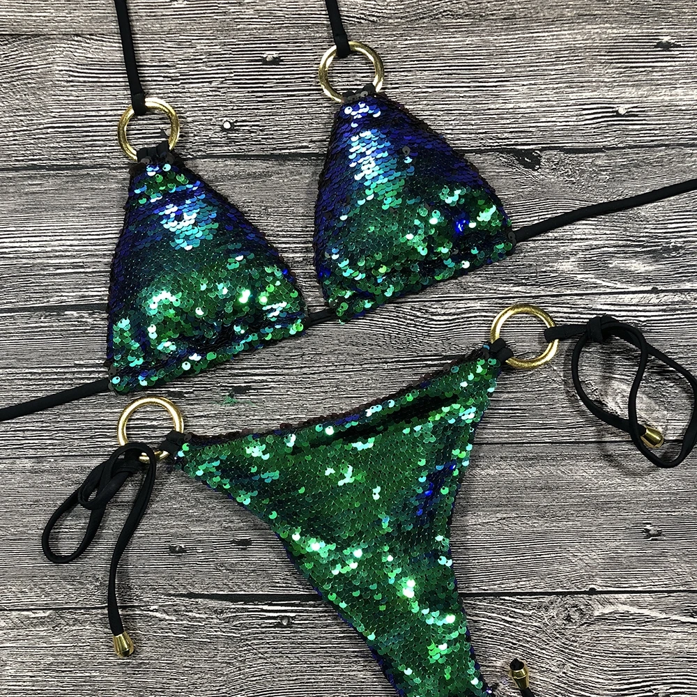 

Solid Bikini Sexy Swimsuit Halter Swimwear Bathing Suit Women Bling Sequin Bikini Set Beach Wear Dropshipping Glitter
