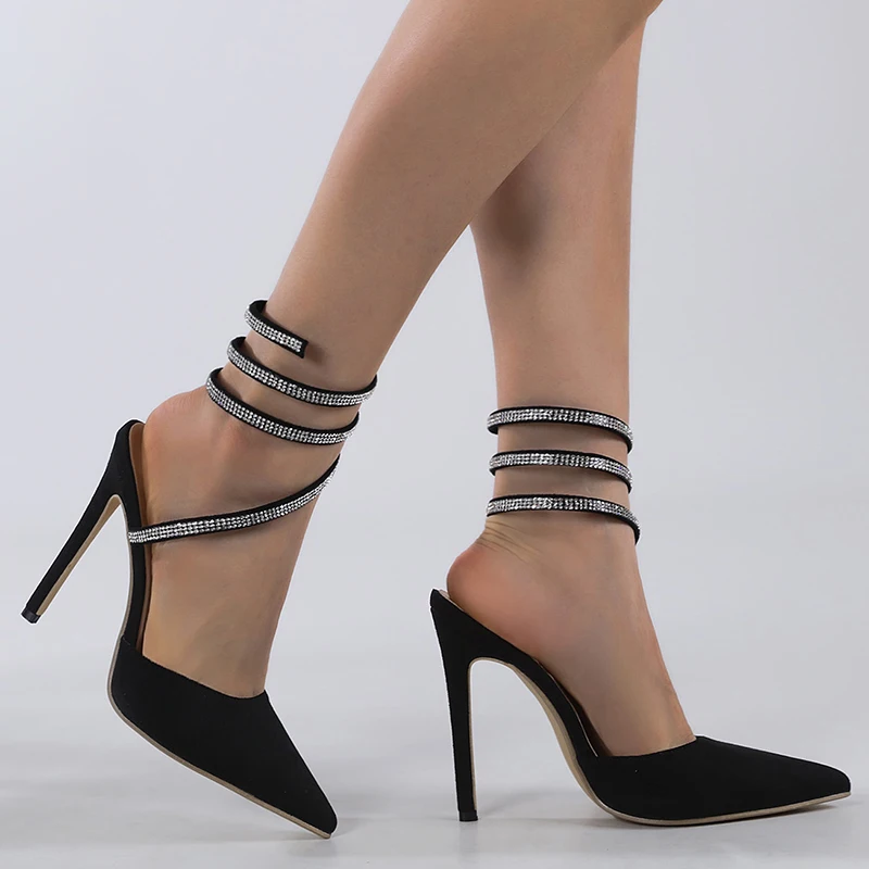 

Summer Pointed Suede Rhinestone Snake Winding Ankle Women's Sandals Stiletto Solid Color Black Fashion Gladiator Shoes For Women
