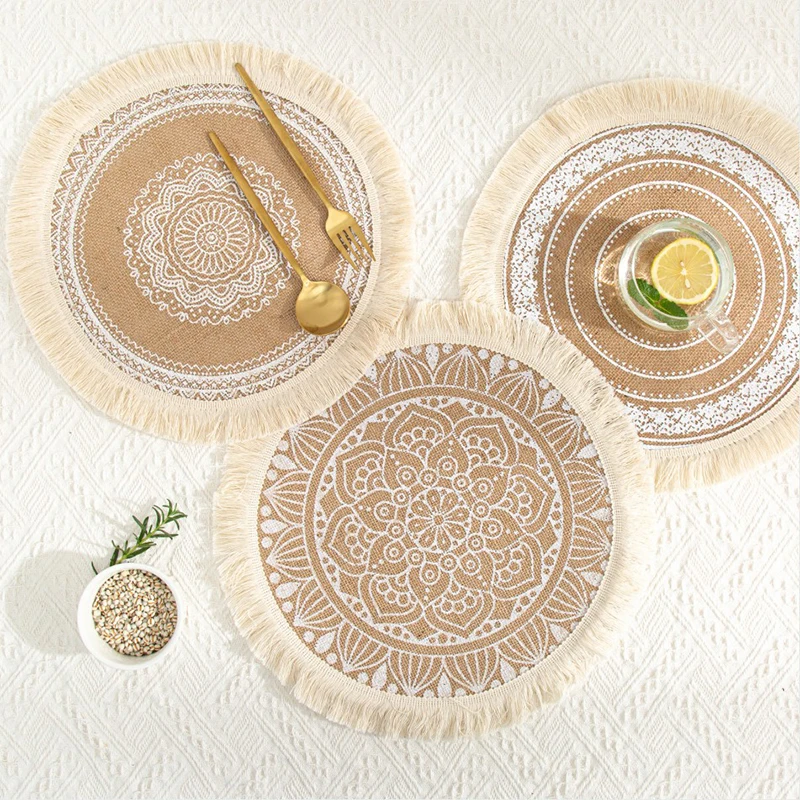 

Retro Bohemian Woven Jute Printed Round Placemat Exquisite Embroidery Tassels Table Mat Pad Tableware Coaster Party Decoration