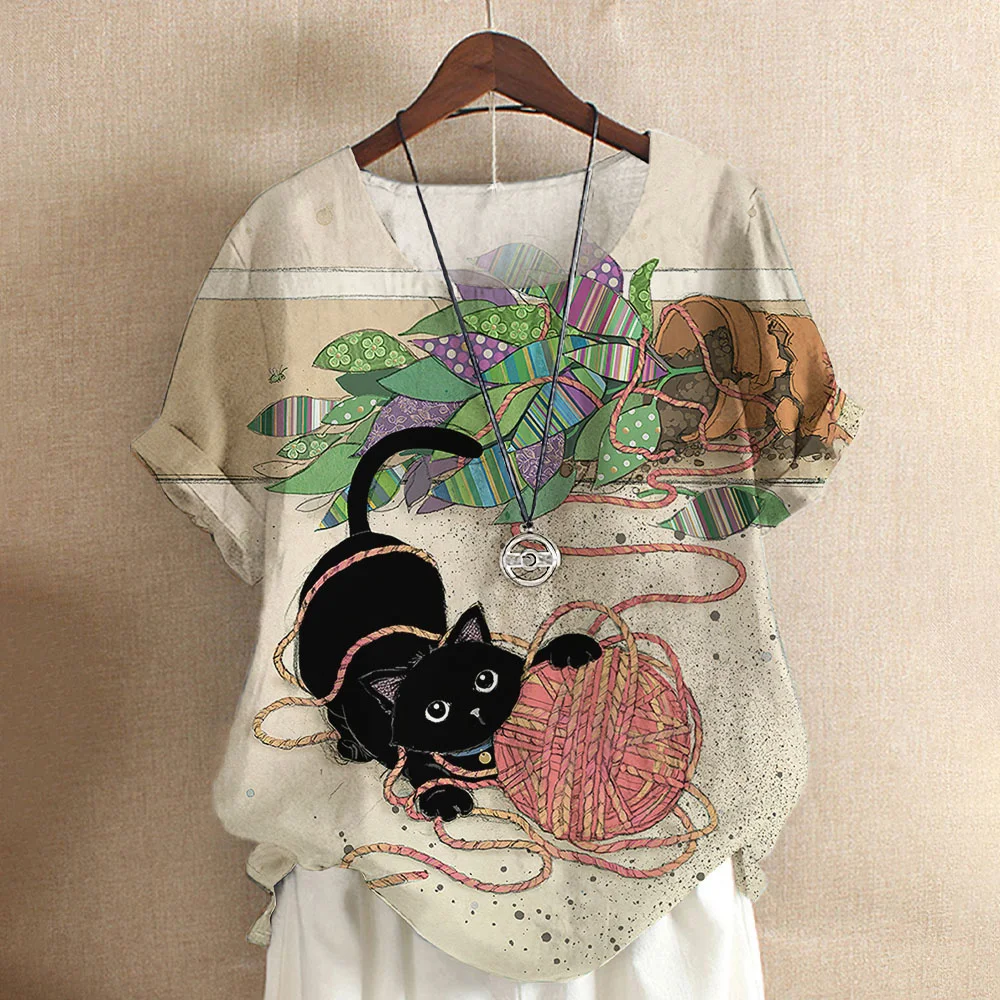 

Women Cartoon Cat T Shirt Harajuku Blouse O Neck Short Sleeve Oversized Tops Casual Pullover Summer Y2k Tees Female Clothing