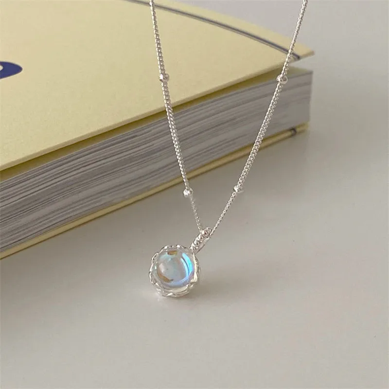 

S925 Sterling Silver Moonstone Round Pendant Necklace Jewelry for Women
