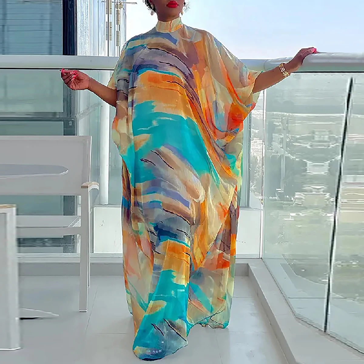 

Lemongor Female Batwing Sleeves Contrast Color Printed High-Neck Vacation Maxi Dresses Elegant Vestidos For Women 2023 New