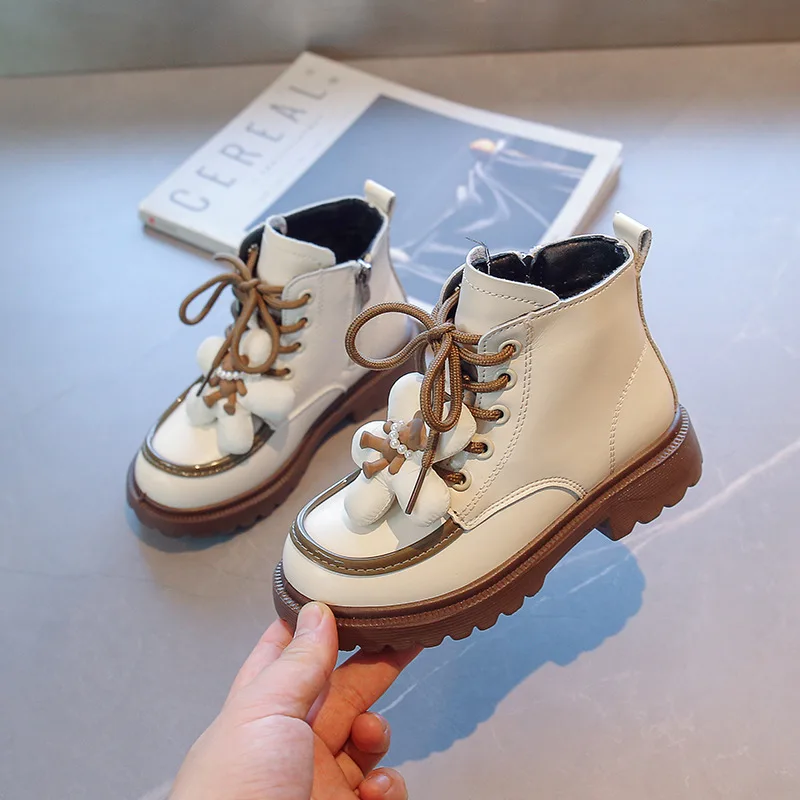 

Girls Big Flowers Cute Spring and Autumn New Casual Waterproof Booties 2022 Classic Side Zipper Versatile Child Fashion Glossy