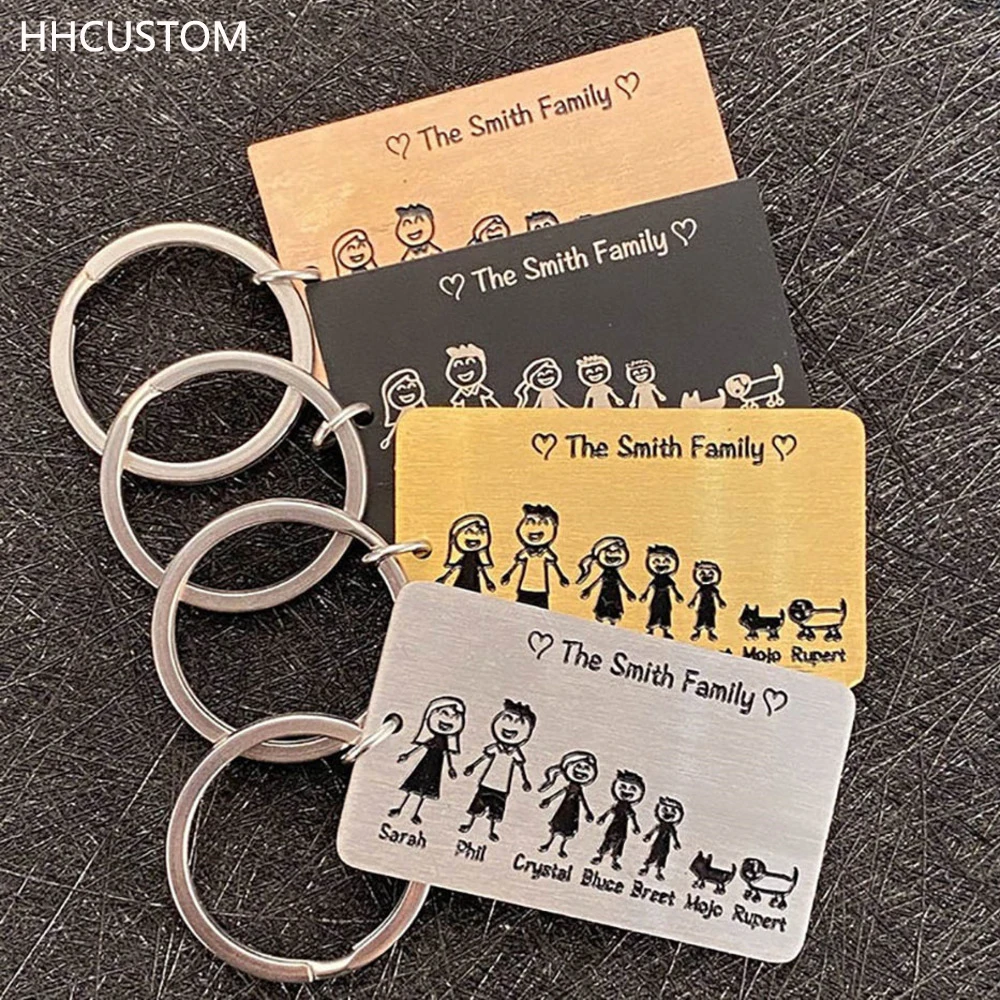 

HHCUSTOM Custom Family Keychain Personality Stainless Steel Cute Rectangle Pendant Keyring For Mom And Dad Anniversary Gift