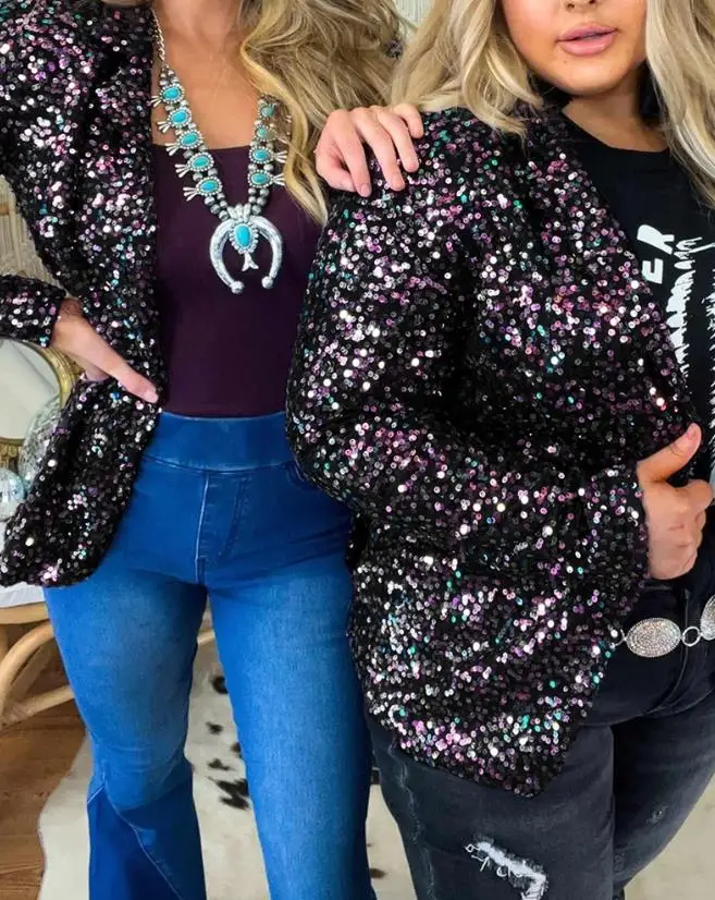 

Блейзер с блестками, пальто с воротником-шалью и длинным рукавом из полиэстера, шикарные Элегантные женские пальто для работы