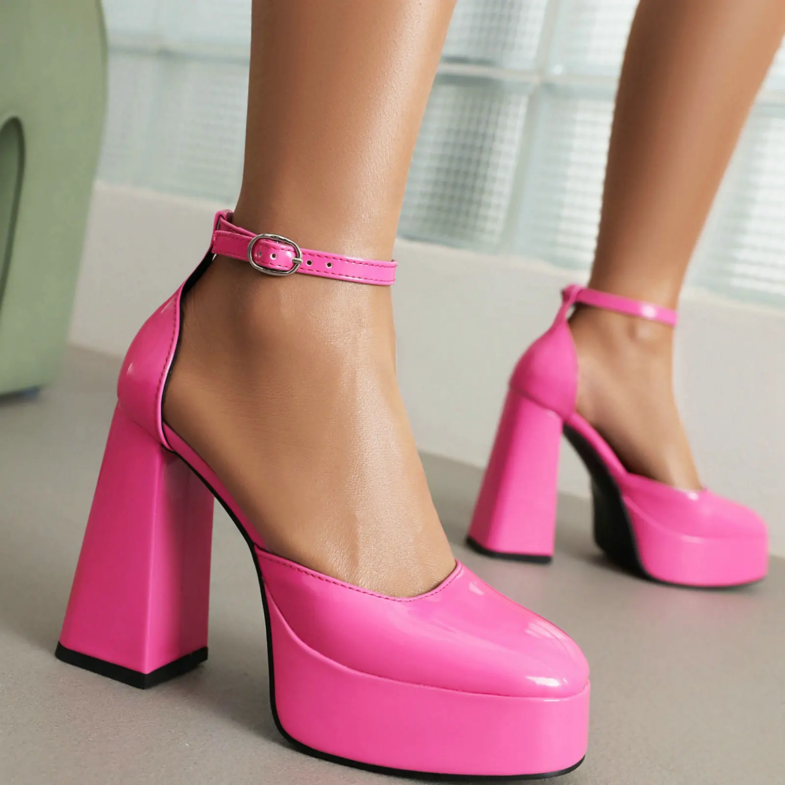 Eokkar Women D'orsay Pumps Patent Leather Ankle Strap Pumps Block High Heel Platform Pumps Closed Toe Sexy Dress Party Pumps