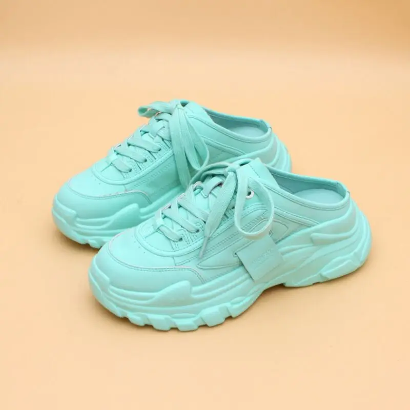 Genuine Leather Heel-Free Dad Shoes 2023 New Thick Bottom Candy Color Leisure Pump Half Slippers Women's Outer Wear