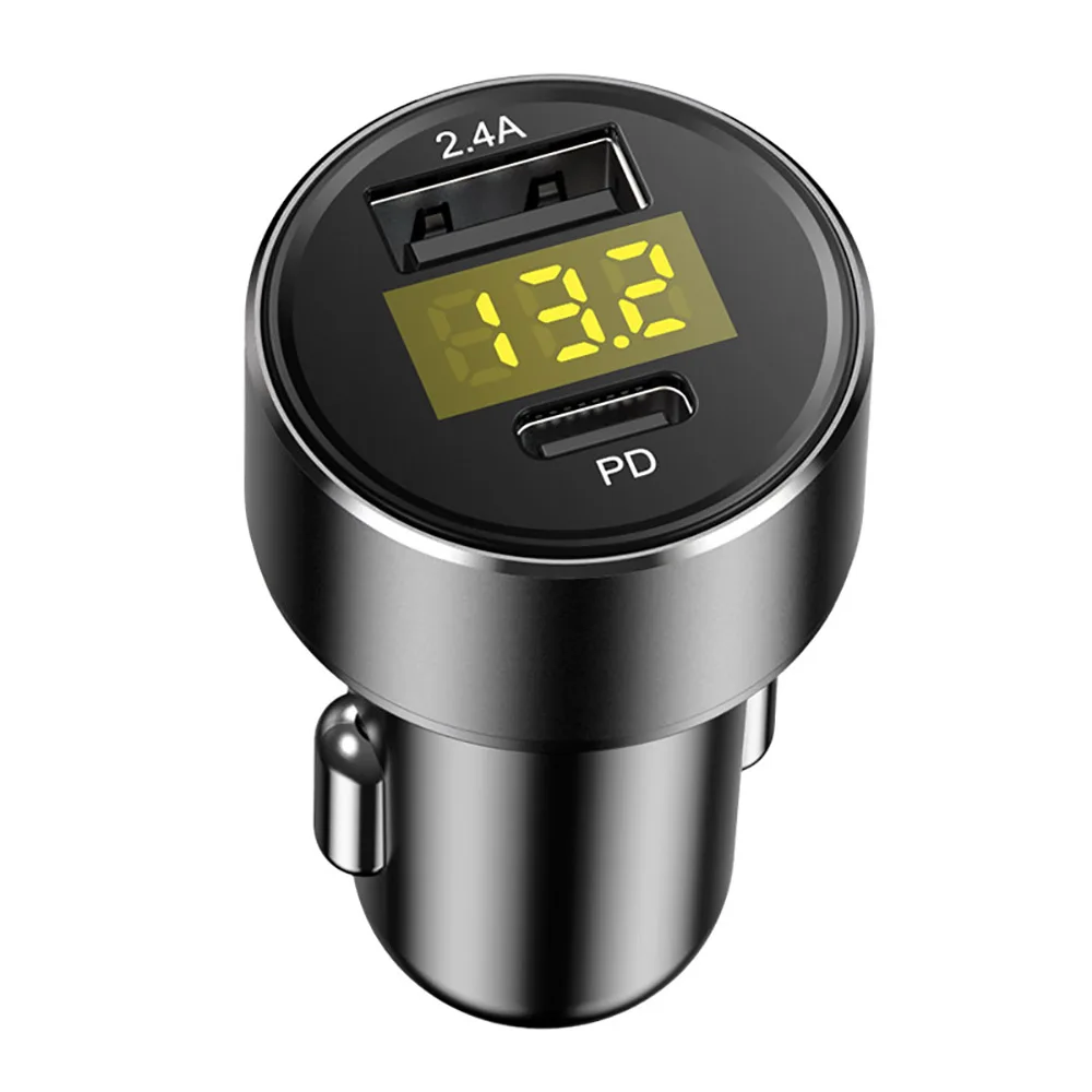 

USB Car Quick Charge Dual Output Adapter 2.4A Type C PD18W led display Voltage Charge For Phone