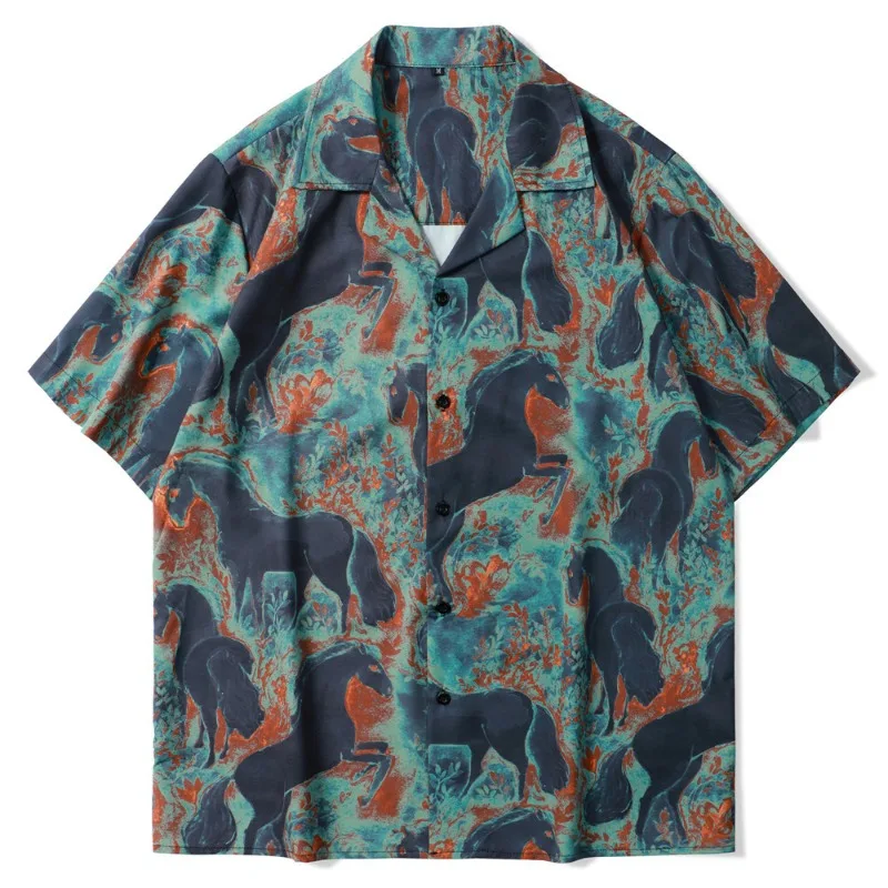 

Summer Men Short Sleeve Shirts Vintage Harajuku Horse Print Streetwear HipHop Retro Hawaiian Holidays Man Loose Tops Shirts