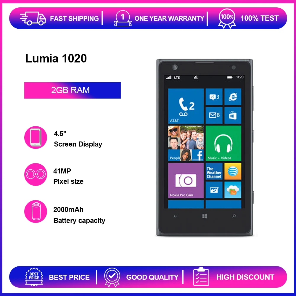 Фото Разблокированный восстановленный телефон Lumia 1020, 41 МП, 4,5 дюйма, GSM 900/1800, 2000 мАч, Bluetooth №1