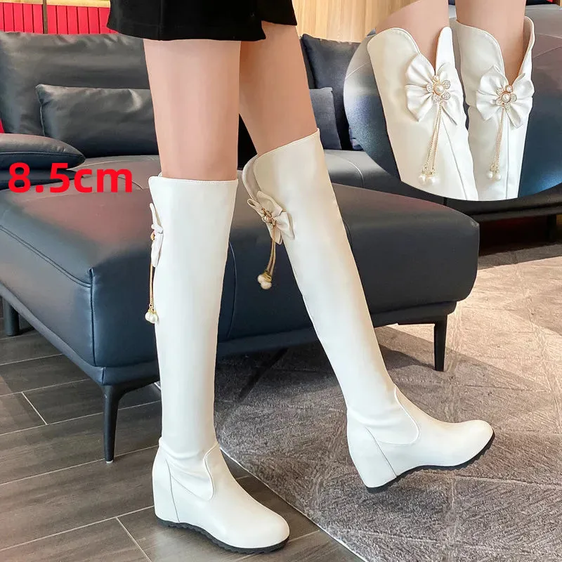 

Female Fashion White Height Increased Comfort Plus Size High Heel Boots Women Casual Black Autumn Boots Botas Femininas G678