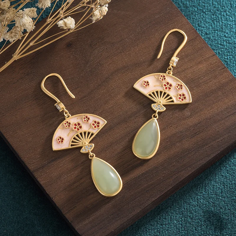 

National style ancient method gold-plated enamel color palace fan imitation Hetian jade earrings female