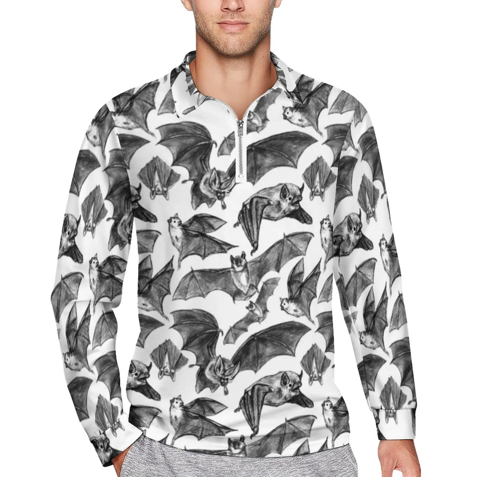 

Bat Pattern Loose Polo Shirt Men Spooky Flying Bats Long-Sleeve Casual T-Shirts Stylish Daily Design Shirt Plus Size