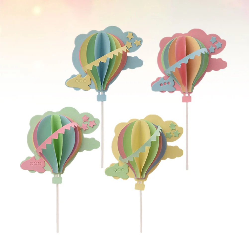 

4pcs 3D Clouds Hot Air Balloons Cake Topper Party Cake Pick Cake Decorations (Blue, Pink, Yellow, Green)
