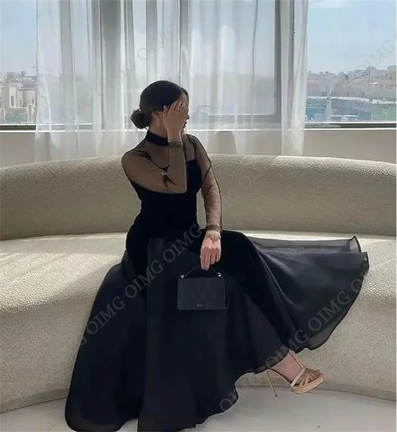 Элегантное велюровое зеленое платье-трапеция OIMG с высокой горловиной Клубное