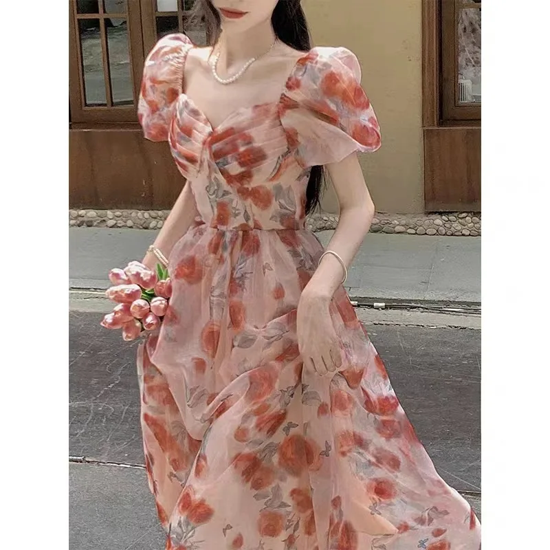 Anbenser French Floral Dress Women Summer Puff Sleeve Elegant Sweet Princess Dress Vintage Sweet Mid-Length Pink Floral Dress