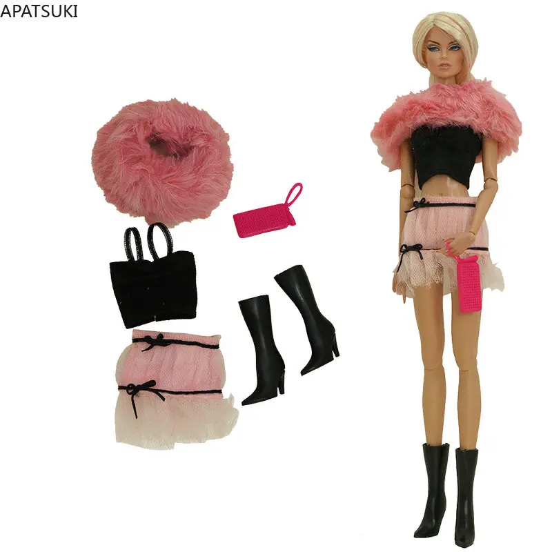 Pink Black Fashion Doll Outfit For Barbie Top Skirt Fur Scarf Purse Shoes Toys for Barbie Doll Clothes Set 1/6 Dolls Accessories