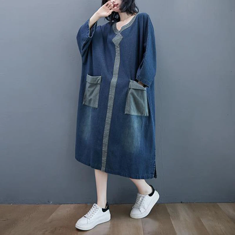 

New 2022 Spring Summer Fashion Clothing Women's Blue Denim Pocket Dress Ladies O Neck Casual Dress Women Baggy Vinatge Apparel