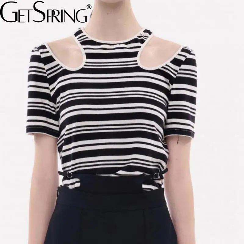 

GetSpring Women T Shirt Black White Striped Off Shoulder Short Sleeve Female Tshirts Fashion Loose Casual All Match Ladies Tops