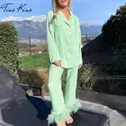 Женский комплект из двух предметов с перьями, Весенняя модная зеленая пижама с длинным рукавом, повседневная Летняя женская одежда, 2022