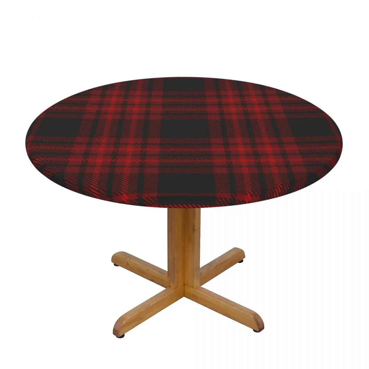 

Burgundy And Black Plaid Waterproof Polyester Round Tablecloth Catering Fitted Table Cover with Elastic Edged