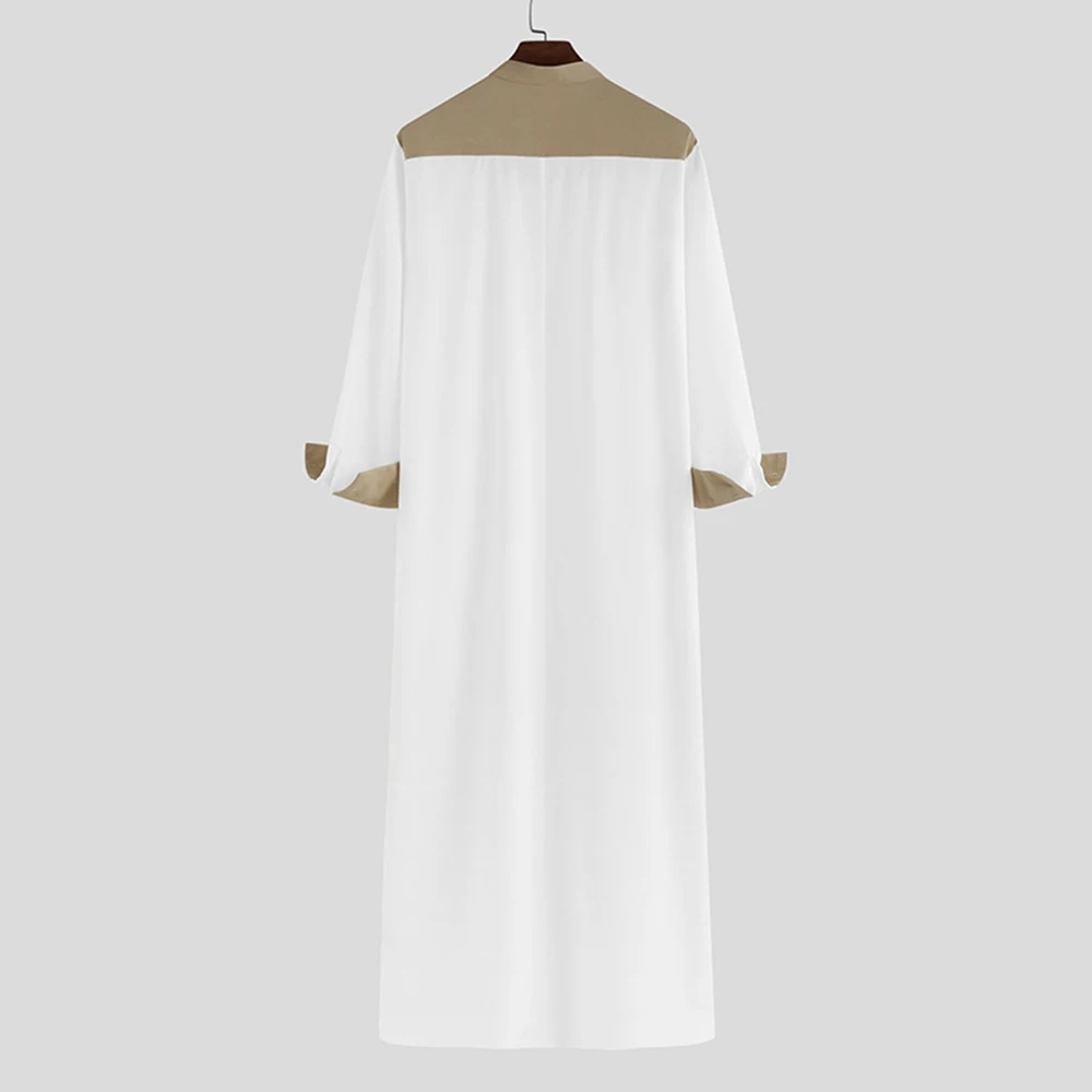 YUFEIDA Comfortable Men Caftan Long Muslim Thobe Long Sleeve Contrast Color Muslim Men's Clothing Mandarin Neck Middle East Robe
