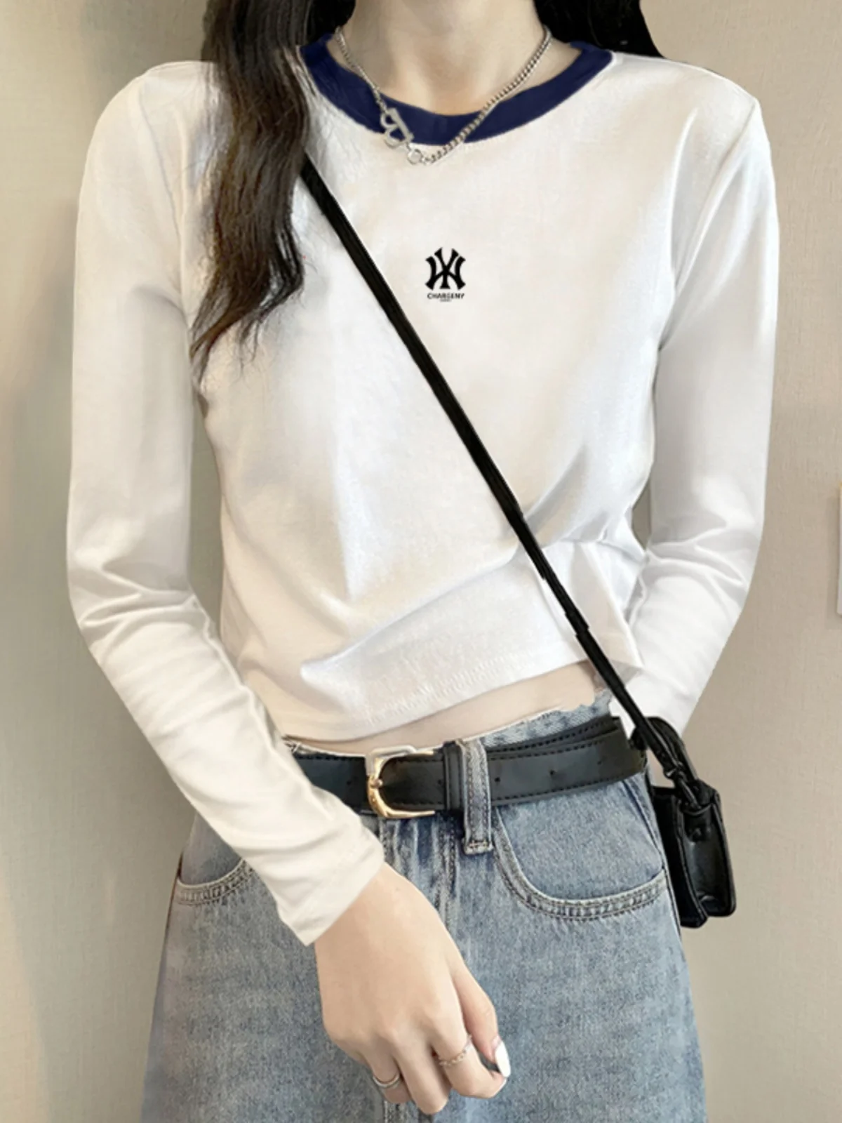 Long sleeves Shirt Women Western Sle Short Gyaru High Waist Early Autumn Inner wear Contrast Color Basic Pure Cotton ...