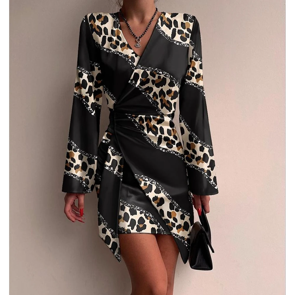 

Wepbel Printed Lace-up Dress Women Summer Casual Mini V-neck Dresses Leopard Print Long Sleeve Ruched Wrap Dress