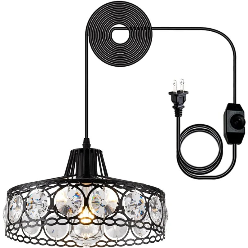

Plug in Crystal Pendant Light Black Industria Metal Chandelier Swag Light with 15Ft Cord and On