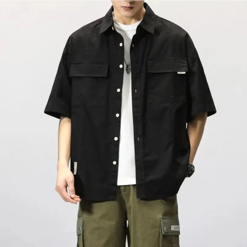 

Summer White Button Half Sleeve Shirt 2022 New Solid Color Fashion All-match Tooling Casual Loose Pocket Shirt Harajuku Shirt