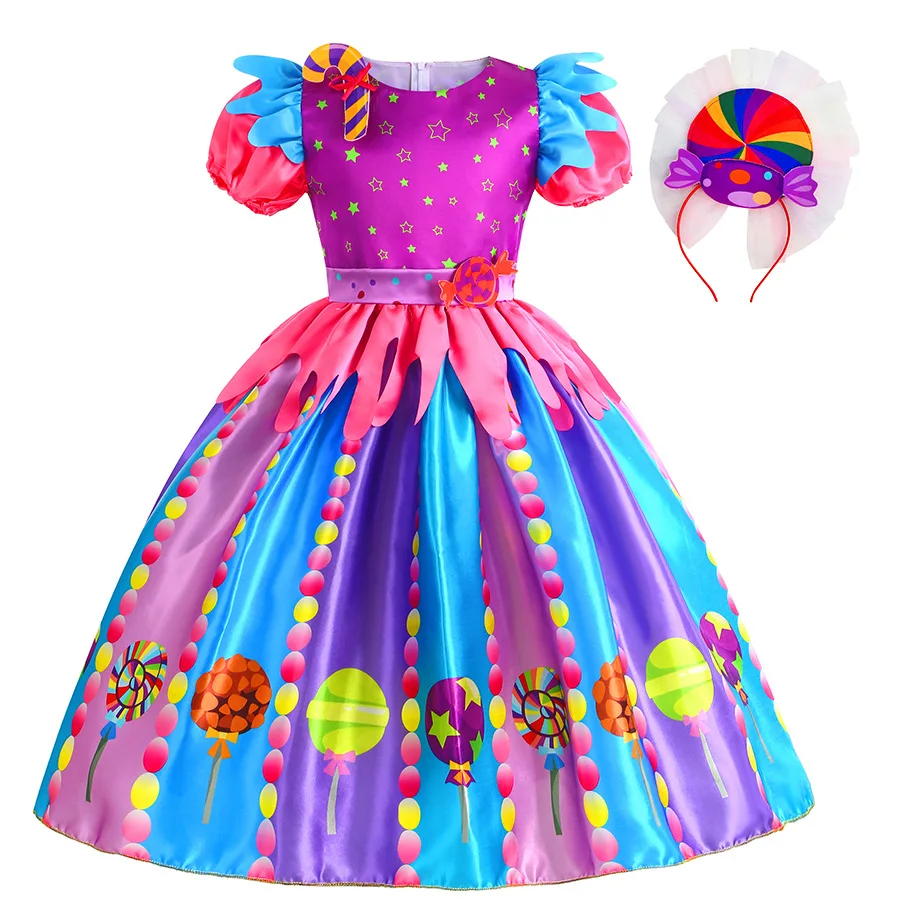 

Детское платье для косплея на Хэллоуин для девочек, блестящее Сетчатое платье с 3D аппликацией радуги, конфет, принцессы, платье-пачка, Рождественский карнавал, яркий костюм