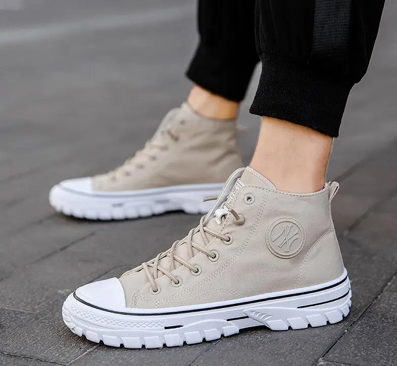 

Fashion High Top Canvas Shoes Men Breathable Lace-up Sneakers With Platform Black Gray Vulcanized Footwear