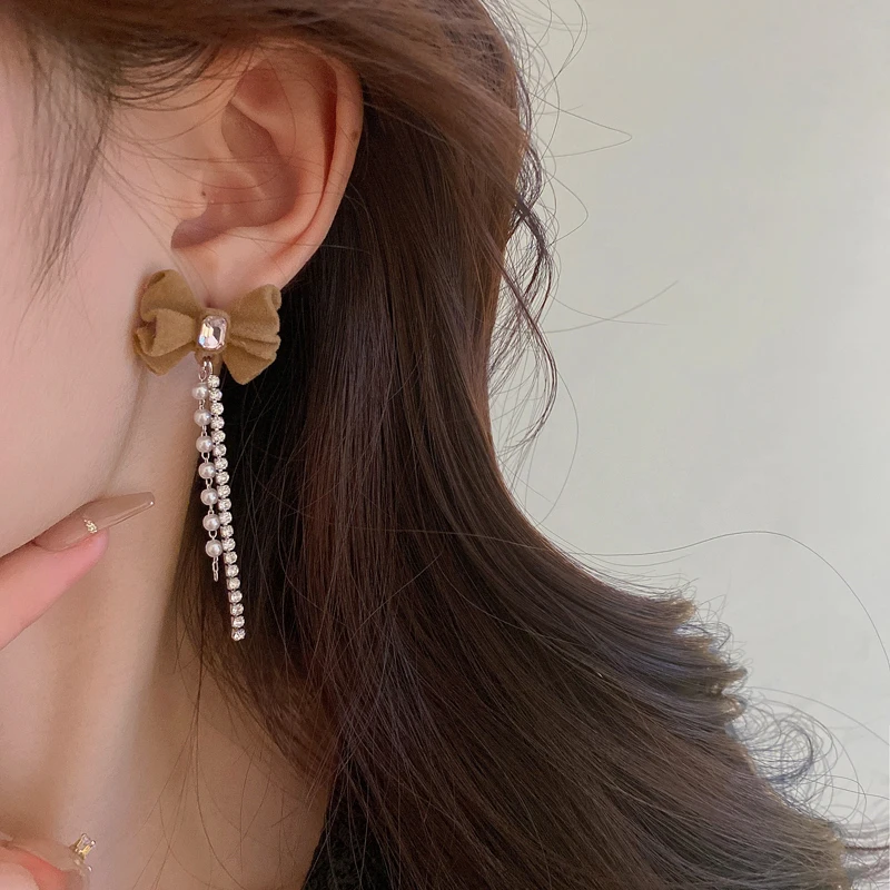 

Bowknet Tassel Drop Earrings Korea Imitation Pearl Earrings For Women Shiny Rhinestone Dangle Earrings Party Statement Jewelry