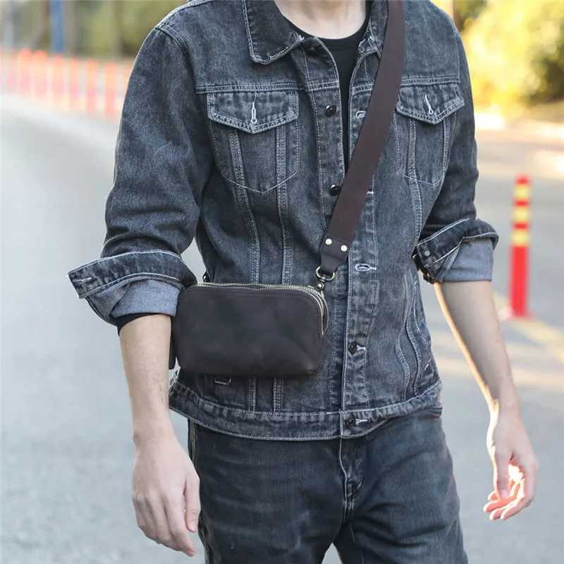 Vintage crazy horse cowhide men's multifunctional chest bag outdoor daily natural genuine leather shoulder messenger bag