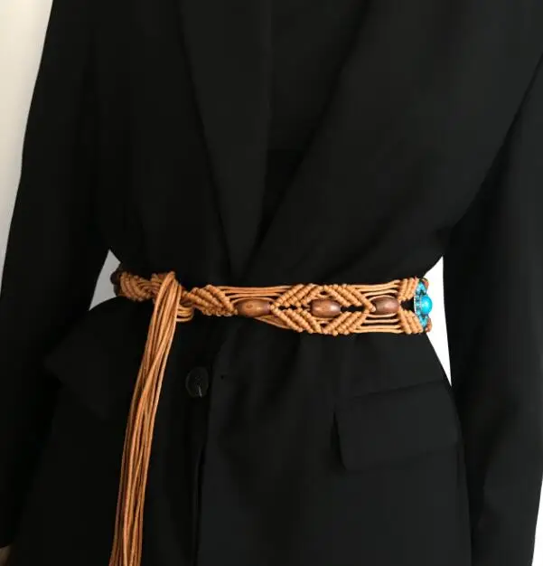 Ethnic Style Women Waist Belt Beading Tassels Chinese Mongolian folk Weave