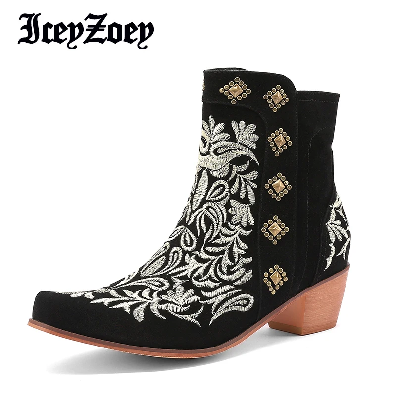 

Женские ботильоны с вышивкой IceyZoey, черные повседневные короткие ботинки, зимняя обувь, размеры 34-43, 2022