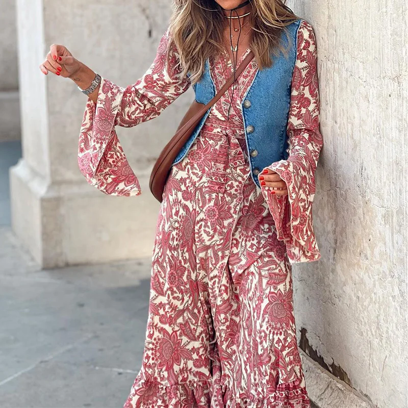 

Женское длинное платье в стиле ретро, элегантное платье-макси с принтом, модное элегантное платье с V-образным вырезом и расклешенными рукав...