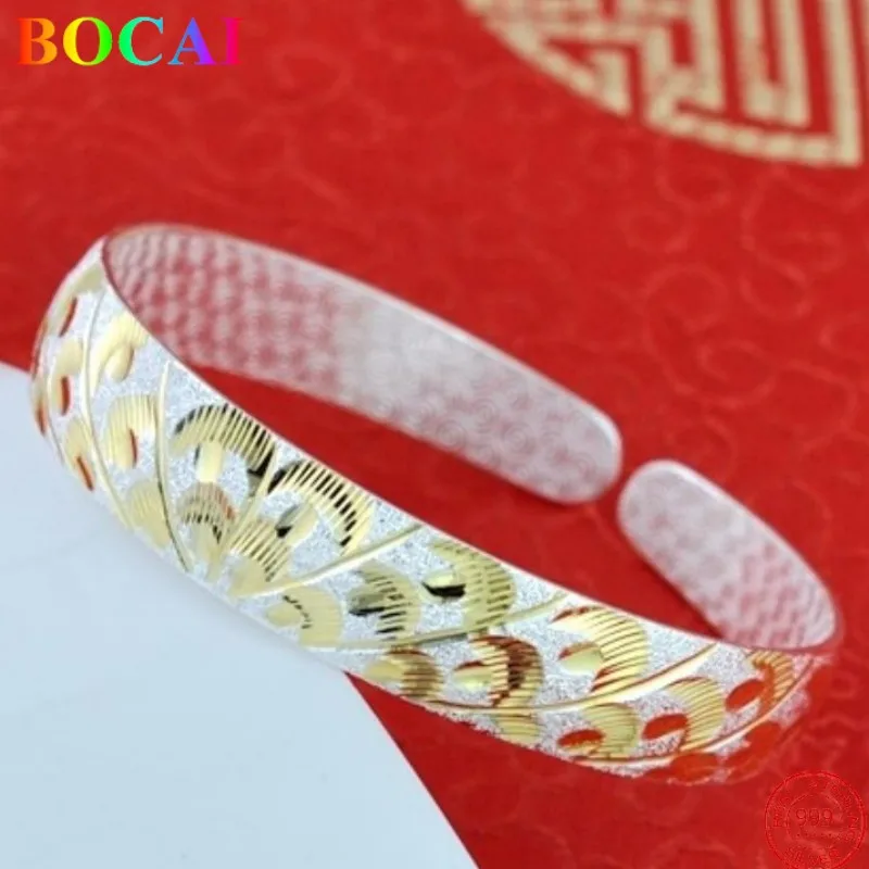 

BOCAI 100% S999 Sterling Silver Bangle Fashion Classic Peacock Flaunting Tail Color Bracelet Pure Argentum Jewelry for Women