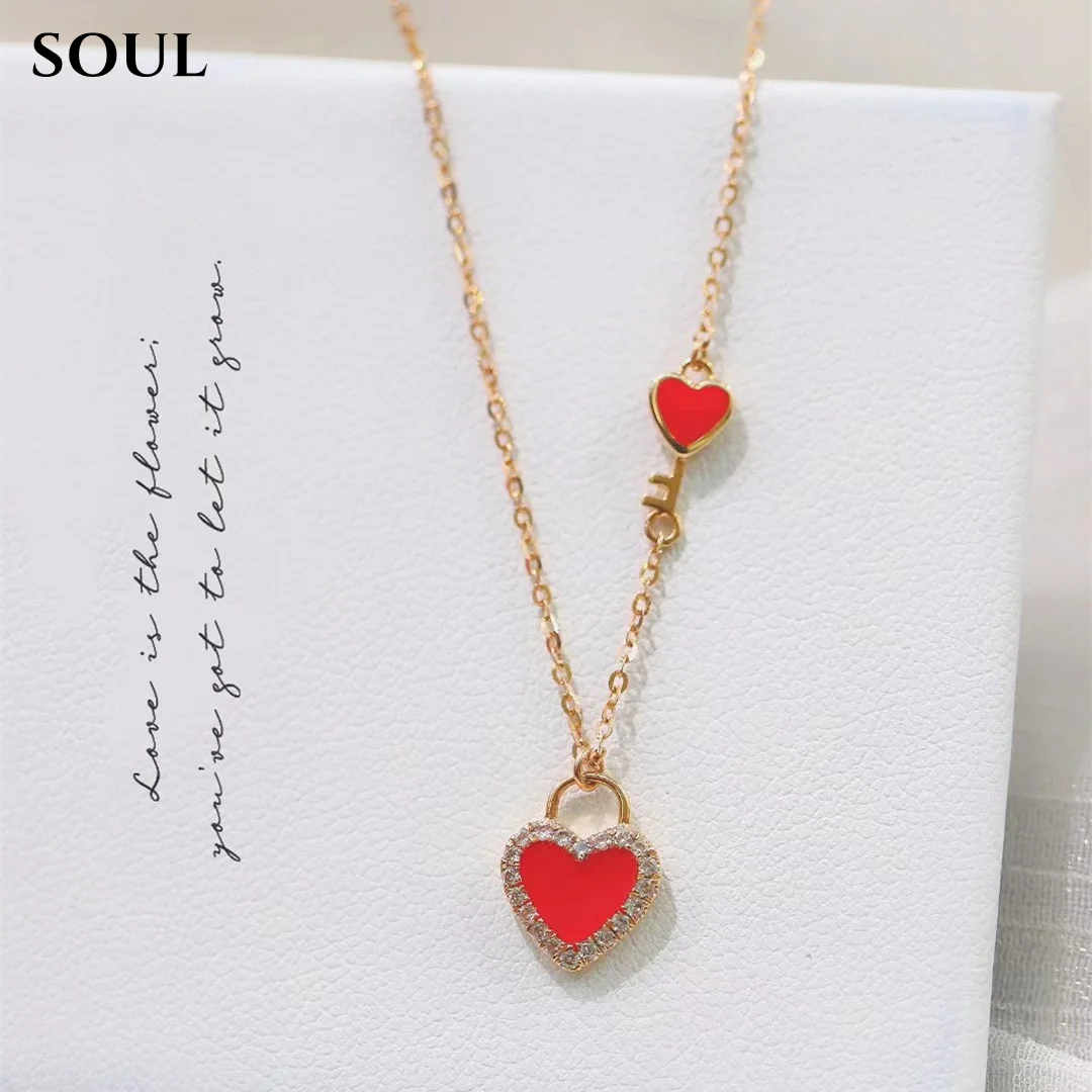 

SOUL Real 18K Gold Women's Necklace AU750 With Red Agate Heart Pendant Rope Chain Festival Great Gift New Fashion Fine Jewelry