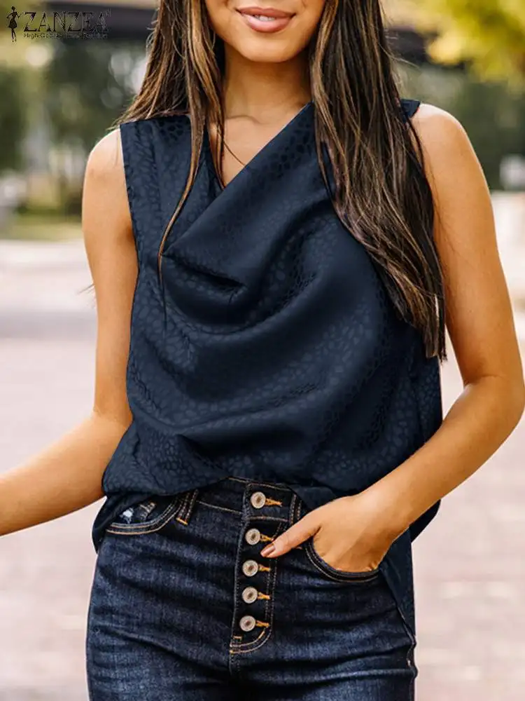 

2022 Summer Beach Tank Tops Women Casual Leopard Printed Blouse ZANZEA Vintage Sleeveless Holiday Shirt Female Retro Satin Blusa