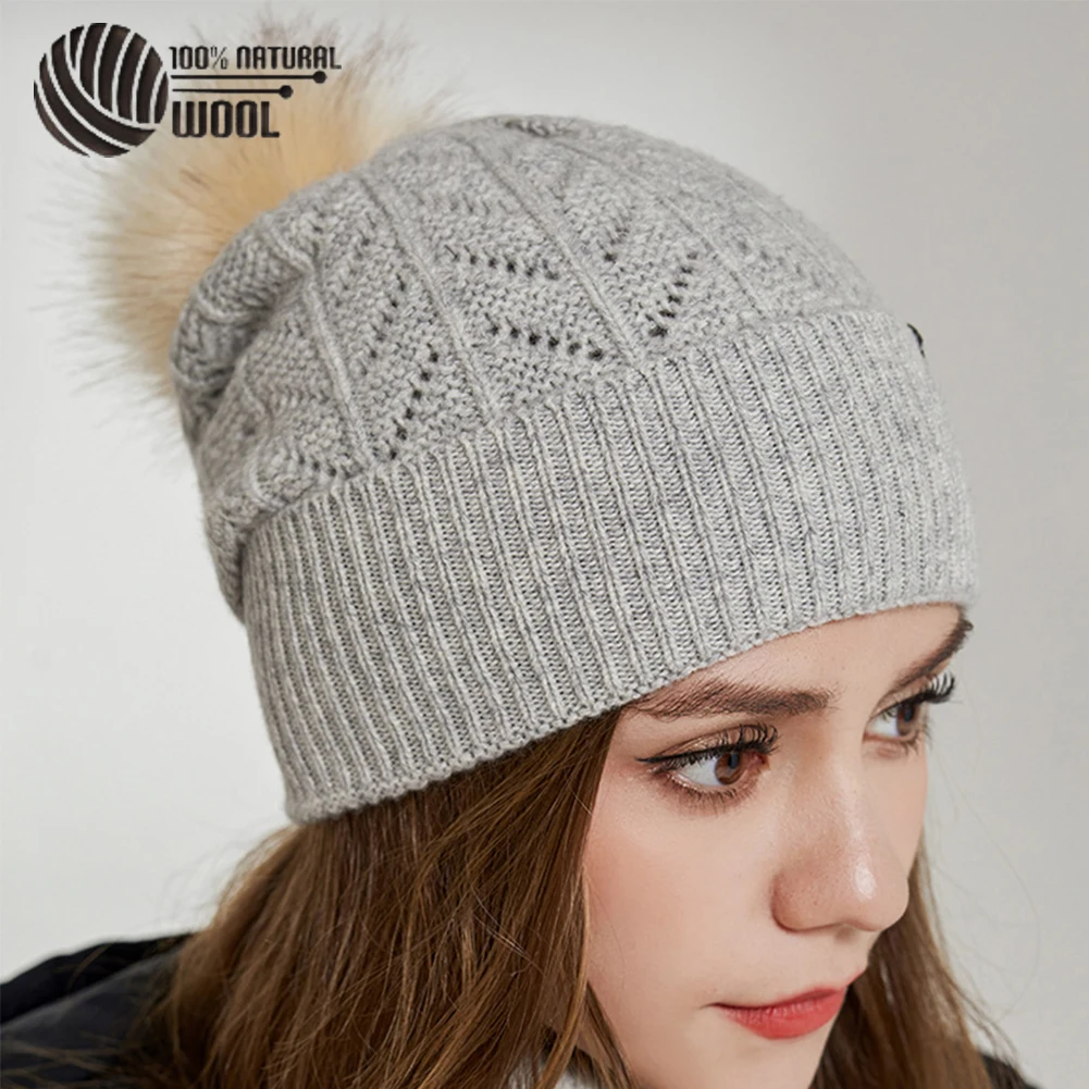 

Women Winter 100% Australian Merino Wool Hat with Real Fox Fur Pompom Knit Slouchy Beanie Cashmere Skullies Hats For Girls