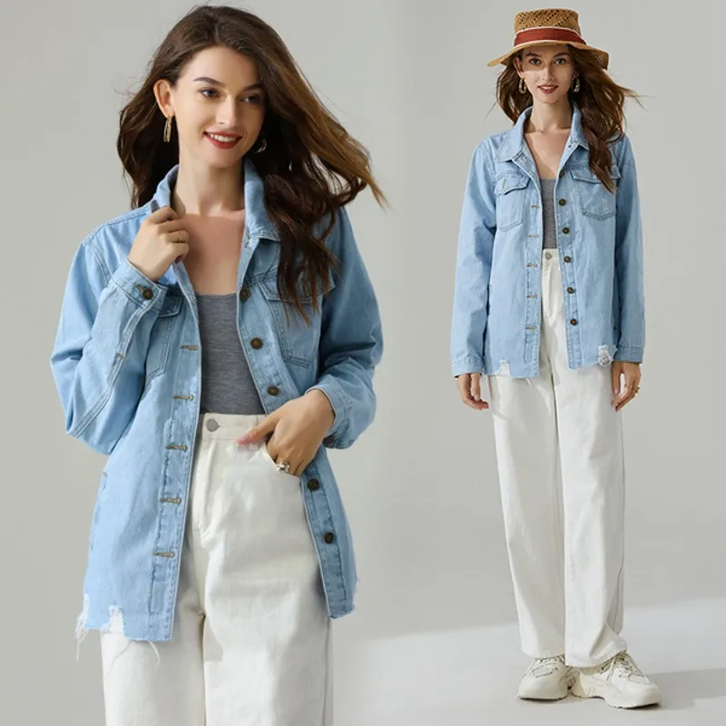

2022 Autumn Korean Version All-Match Loose Light-Colored Retro Frayed Denim Tops