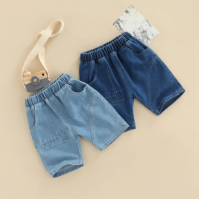 

Fashionable Little Boy Shorts, Elastic Waist Solid Color Denim Shorts with Pockets for Summer Spring Summer, 18Months-6Years