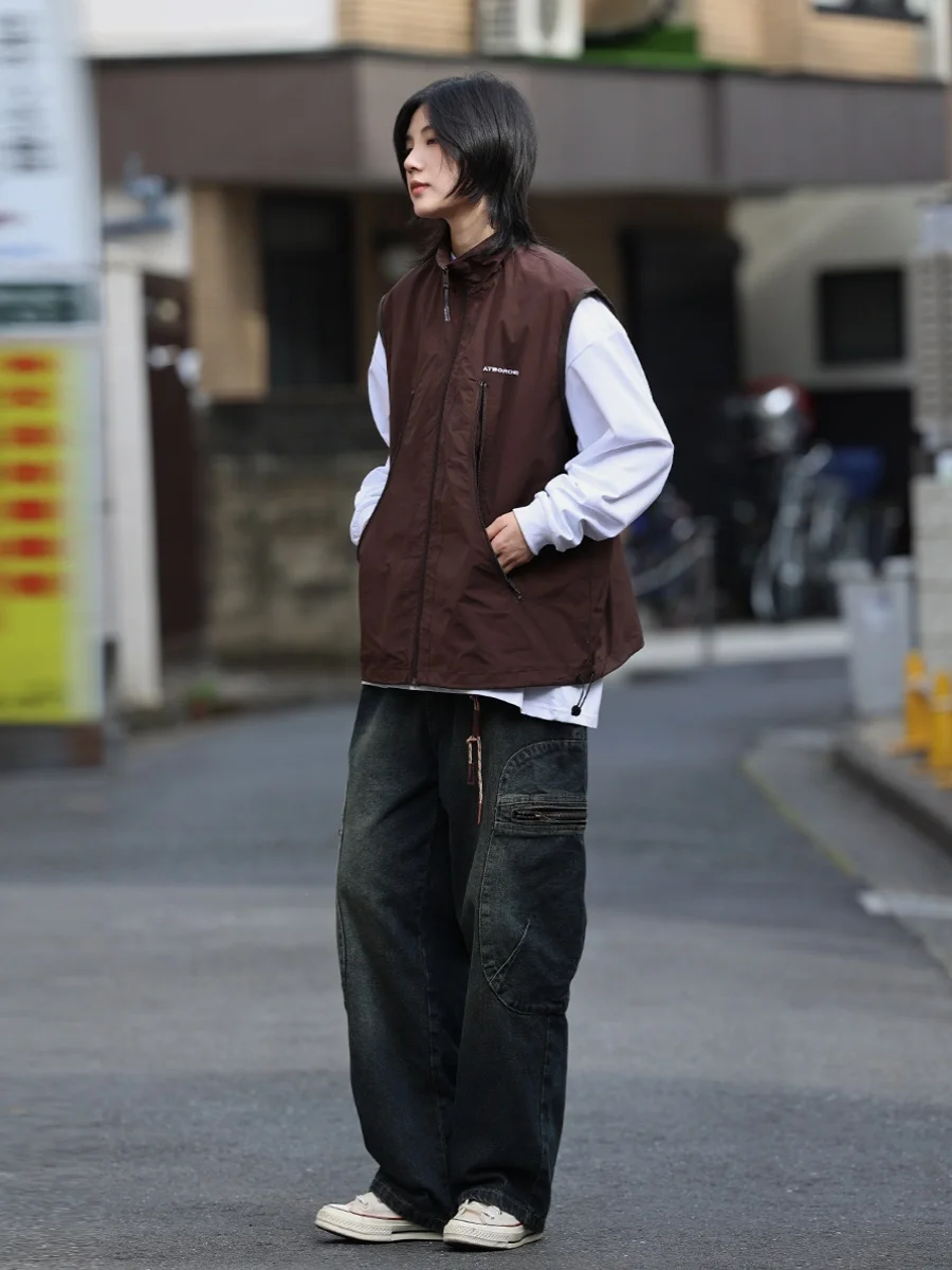 Your First Love Lao Wang Japan fashion Retro Waistcoat Vest Men's Fashion Brand Stand Collar Drawstring Curve Zip-up Pocket E...