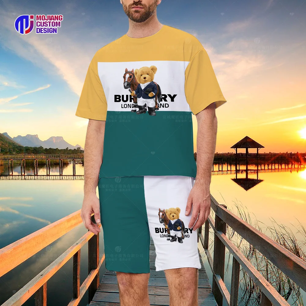 Summer Colorblock T-Shirt and Shorts Set Luxury Brand Short Sleeve Men's T-Shirt Bear Print Top T-Shirt Set of 2
