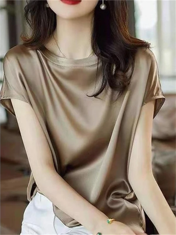 2024 Inner wear T-shirt Top New Summer Clothing Pullover Outer Wear Bottoming Shirt Loose Raglan Sleeve Satin All-Match Fashi... |